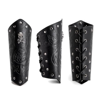 Leather Bracers for Men - Viking Embossed Medieval Arm Archery Guard Gauntlet Costumes - color: Hbr057-skull Black