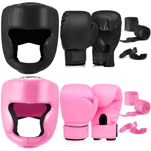 Kanayu 14 Pcs Boxing Gloves and Headgear Set, Beginner - color: Black, Pink