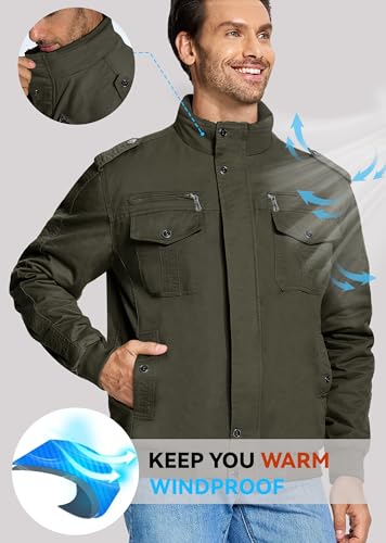 EKLENTSON Mens Winter Jacket with Multi Pockets Fleece Lined Military Coat - color: Army Green, size: X-Large