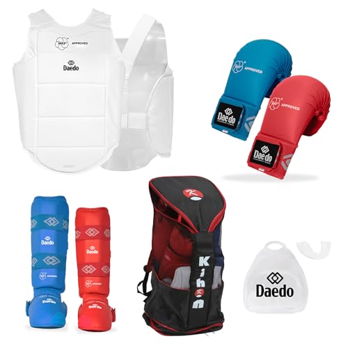 DAEDO Karate Protector Set Pro WKF Approved with Gloves Chest Guard Shin Guards Mouth Guard Bag