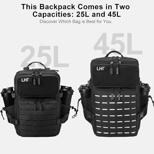 LHI Tactical Military Backpack for Men 25L/45L Large Molle Army Assault Pack 3 Day Hiking Rucksack With Bottle Holder - color: Black, size: 25L