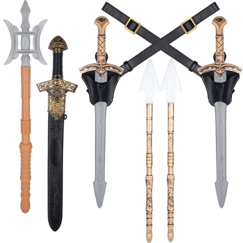Medieval Crusader Knight Warrior Weapons Set Kit 3 Vintage Sword, 2 Leather Back Scabbard Shoulder Holster, 2 Spear, Halberd Plastic Brown