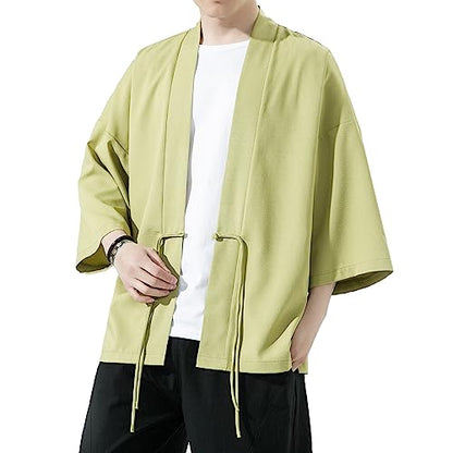 Mens Kimono Cardigan Cotton Linen Japanese Shirt 3/4 Sleeve Haori Yukata - color: 36-green, size: X-Large