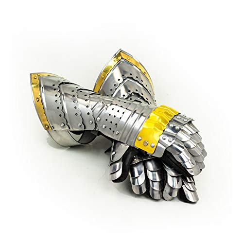 Nagina International Medievalz Warrior Steel Gothic Knight Style Warrior Functional Gloves & Gauntlets | Brass Accent