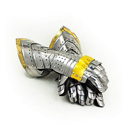 Nagina International Medievalz Warrior Steel Gothic Knight Style Warrior Functional Gloves & Gauntlets | Brass Accent