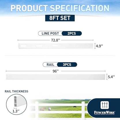 Fencer Wire 3-Rail Vinyl Ranch Fence Kit, 4ft H x 8ft W, White PVC Fence System with 6ft Line Posts & 8ft Rails, UV-Resistant, Easy Installation, Durable Outdoor Fencing for Ranch, Yard & Farm - size: 8 FT