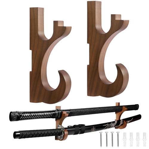 Sword Wall Mount Hook Walnut Wood Katana Display Holder Stand Rack, Brown