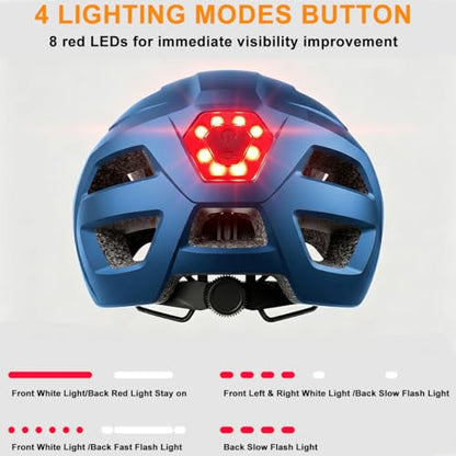 Bike Helmet, Helmets for Adults Men, Front and Back LED Lights Safe Certified MTB Road Bicycle Helmet with Adjustable Brim - color: Metal Blue, size: L (59-61cm)