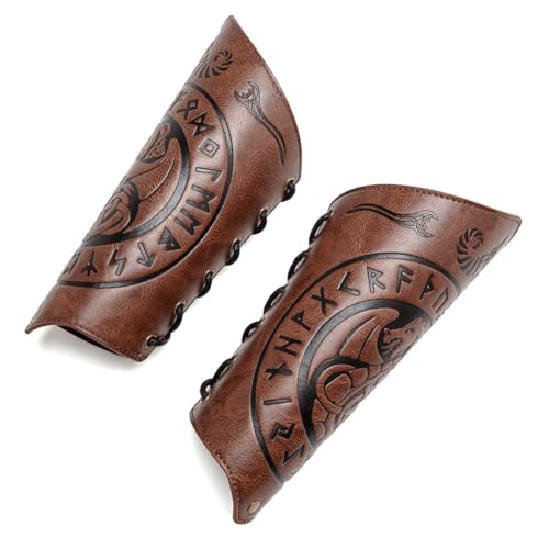 Leather Bracers for Men - Viking Embossed Medieval Arm Archery Guard Gauntlet Costumes - color: Hbr058-dragon Brown