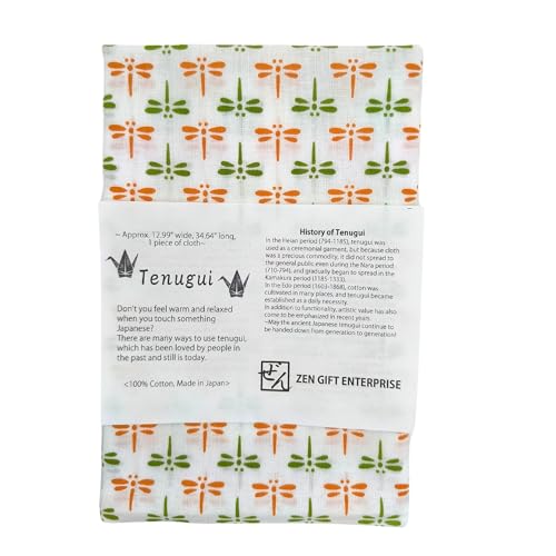 Japanese Tenugui Towel, 34.64"L x 12.99"W, Dragonfly Orange&Green on White - color: Dragonfly (Orange and Green on White)