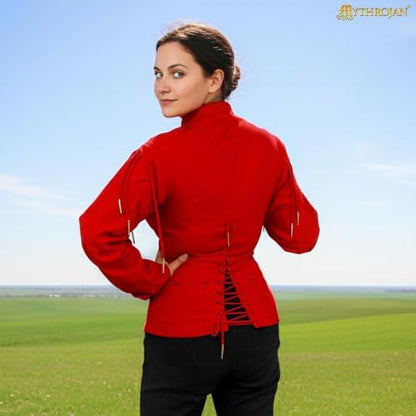 Mythrojan Late Medieval Padded Arming Doublet Gambeson with Brass Aiglets, Ideal for Knightly Medieval Reenactment LARP - color: Red, size: 3X-Large