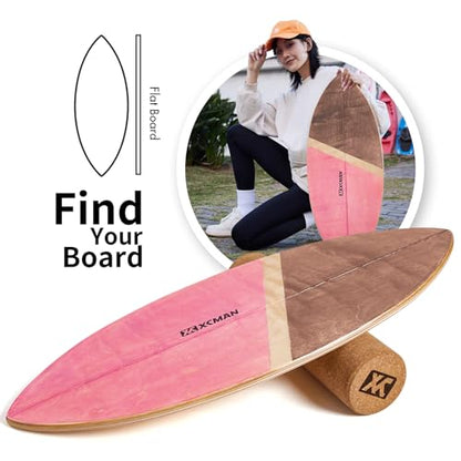 XCMAN Surf Balance Board Trainer with Roller Wooden Exercise Balancing Stability Trainer - Non Slip Surface for Adults Kids|Balance Board for Surfing,Snowboarding,Skateboarding,Hockey,Yoga Training - color: Leaf Pink