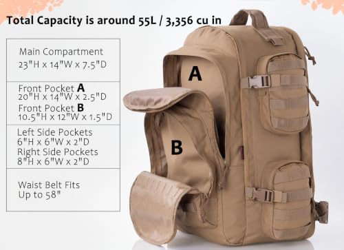 Large Tactical Backpack Bag For Hiking,Camping,Travel,Bug-Out 55L - color: Camo