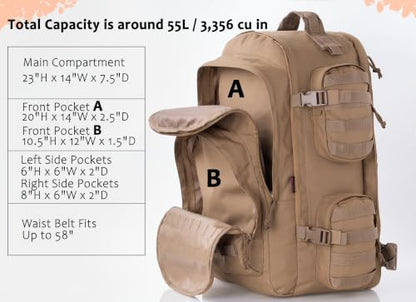 Large Tactical Backpack Bag For Hiking,Camping,Travel,Bug-Out 55L - color: Coyote Brown