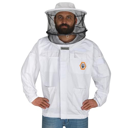 Beekeeping Jacket with Round Veil - Breathable Cotton Beekeeper Suit with YKK Zippers & Protective Hood (BP-102-White)-3XL - color: White Round Veil, size: 3XL
