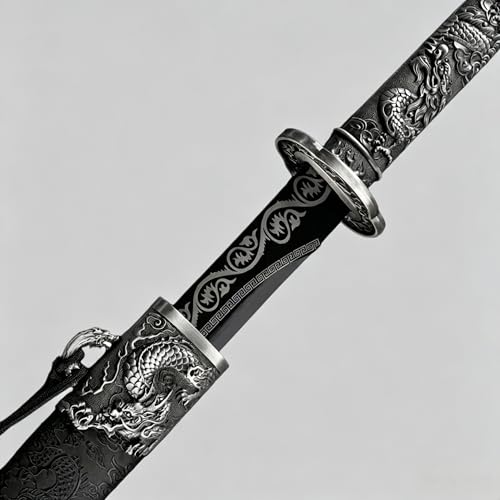 Japanese Katana, Hand Forged Full Tang Sword Unsharpened with Dragon Carving for Iaido Kendo, Collection & Gift for Adults