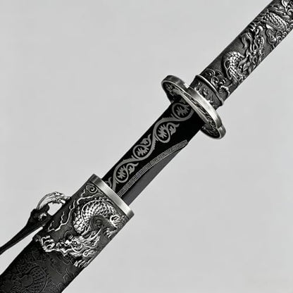 Japanese Katana, Hand Forged Full Tang Sword Unsharpened with Dragon Carving for Iaido Kendo, Collection & Gift for Adults