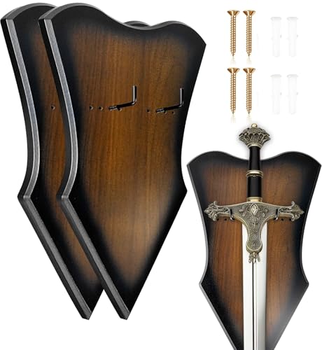 Sword Plaque Wall Mount Vertical Sword Display Holder Adjustable Sword Stand for Bow Medieval Claymore Sword Dagger Axe (2pcs Large Brown) - color: 2pcs Large Brown