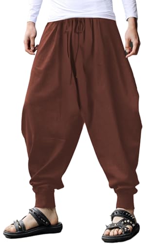 CLANMILUMS Men's Cotton Harem Pants Casual Loose Hippie Drop Crotch Trouser - color: Brown1, size: Medium