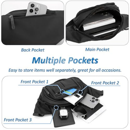 Large Fanny Pack for Men and Women, Crossbody Waist Bag with 4 Zipper Pockets Easy Carry Any Phone, Fashion Waist Pack with Adjustable Strap for Travelling, Hiking, Cycling, Running - Black - color: Black