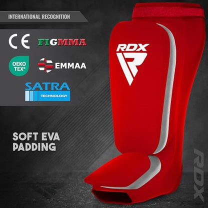 RDX Shin Guards Kickboxing Muay Thai, SATRA Approved, MMA Leg Instep Protection Pads, Sparring Training Martial Arts Boxing, Elasticated Padded Protector, Karate BJJ Taekwondo Gear, Men Women - color: Red White, size: Small
