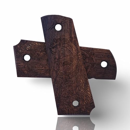 Art Series 1911 Pistol Grips – Handcrafted Walnut Wood Panels with Unique Engraved Designs | Oil Finish | Fits Full-Size 1911 Clones - color: Shadow Dragon