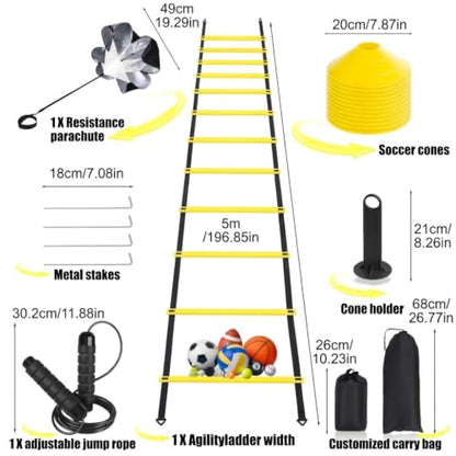 Agility Speed Training Equipment Set,20ft Rungs Speed Ladder,Agility Cones,Jump Rope, Running Resistance Parachute,Basketball Equipment Football Fitness Training Equipment for Kids Youth Adults Family