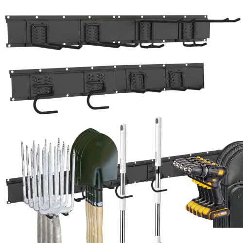 Garage Tool Organizer Wall Mount, 64 Inch Heavy Duty Garden Tool Organizer Storage System, Easy Install with 8 Adjustable Hooks, for Garage, Basement, Shed, Workshop, Black, Steel - size: 64" - 8 Hooks