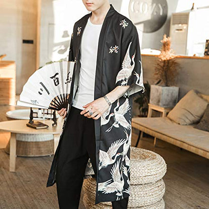 Seidarise Men's Haori, Long Kimono Cardigan Jacket Japanese Style Flying Crane Seven Sleeves Open Front Coat - color: Black, size: Medium