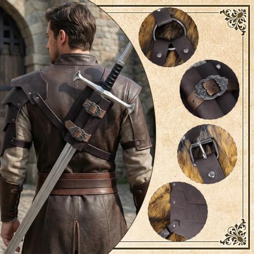 Medieval 2-in-1 Shoulder Armor with Back Sword Frog for LARP Cosplay - color: Dark Brown a