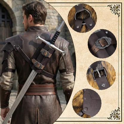 Medieval 2-in-1 Shoulder Armor with Back Sword Frog for LARP Cosplay - color: Dark Brown a