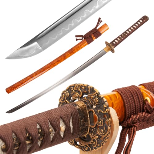 Real Samurai Sword Hand Forged with T10 Steel Clay Tempered 41-Inch - color: Brass