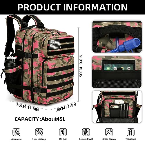 45L Tactical Assault Backpack 3 day assault pack with Molle Waterproof backpack Rucksack for Tactical Backpacks - color: Pinkcamo