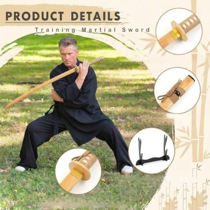 Bamboo Wood Practice Sword Set, Long & Short Training Katana with Sheaths