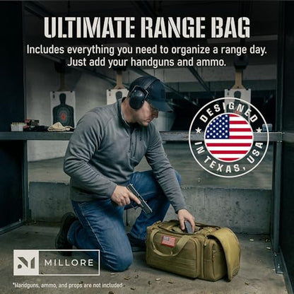 Gun Range Bag with 3 Pistol Cases, Removable MOLLE Organizer, Total 50 Storage Units, 27dB Shooting Earmuffs, Shoulder Strap, USA Flag Patch & Writable ID Patches, Khaki Brown Tactical Bag