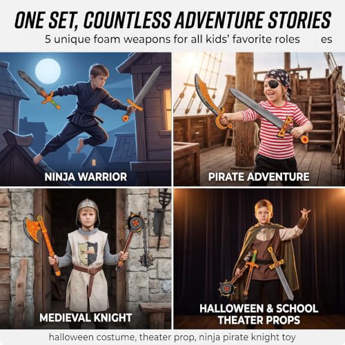 Foam Swords Weapons Toy 5 Set, 17 inch, Kids Boys Gift