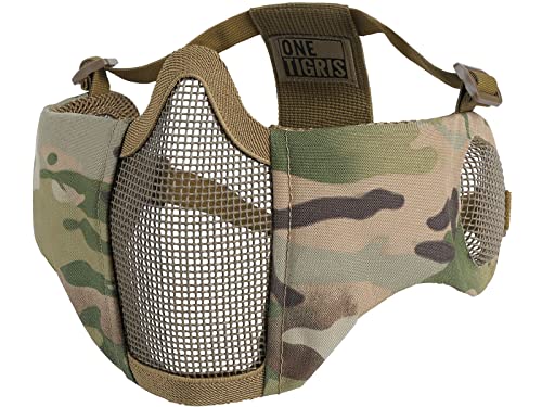 OneTigris Foldable Airsoft Steel Mesh Half Face Mask with Ear Protection - color: Camo Color