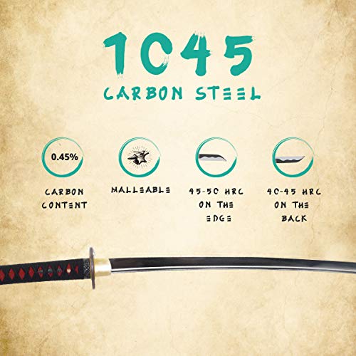 Katana Samurai Sword, 1045 Carbon Steel, Hand Forged, Full Tang - color: Red/Black