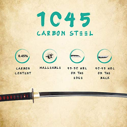 Katana Samurai Sword, 1045 Carbon Steel, Hand Forged, Full Tang - color: Red/Black