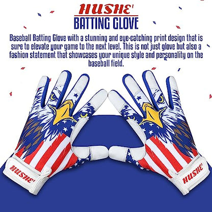 Hushe' American Flag Batting Gloves & Softball Gloves USA Flag Baseball Batting Gloves Youth Kids Baseball Batting Glove for Youth Men Adult & Unisex. - color: White Eagle, size: Youth Medium