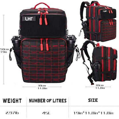 LHI Tactical Military Backpack for Men 25L/45L Large Molle Army Assault Pack 3 Day Hiking Rucksack With Bottle Holder - color: Bk-red Zipper, size: 45L