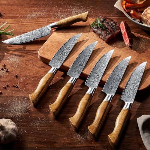 SENKEN 6-Piece Damascus Steel Steak Knife Set - Non-Serrated Steak Knives with Sycamore Wood Handles - The Dynasty Collection - 67-Layer Japanese VG10 Steel (6-Piece Steak Knife Set) - size: 6-Piece Steak Knife Set