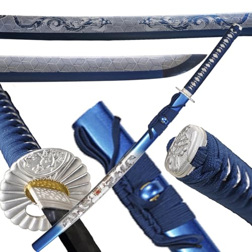 1045/1060 high Carbon Steel Full Hand Forged Traditional, Katana Sword Hademade Heat Tempered ，Japanese Samurai Swords ，Full Tang,Functional,Black - color: blue shuanglong
