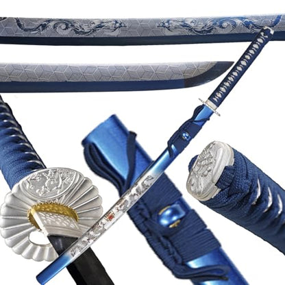1045/1060 high Carbon Steel Full Hand Forged Traditional, Katana Sword Hademade Heat Tempered ，Japanese Samurai Swords ，Full Tang,Functional,Black - color: blue shuanglong