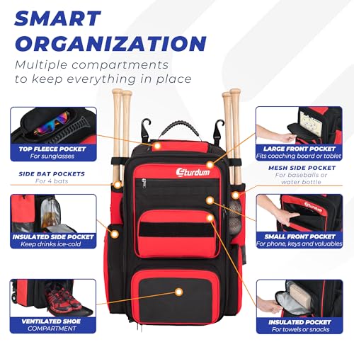 Rolling Baseball Bag with Wheels, 70L Baseball Backpack - color: Red