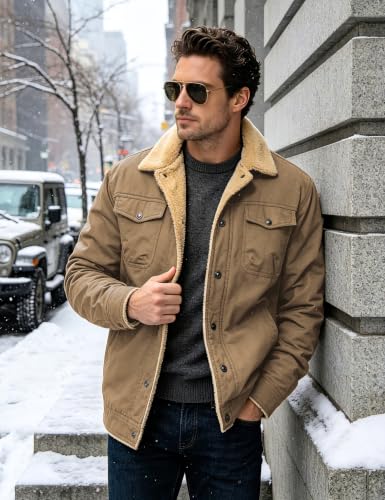 MAGNIVIT Mens Winter Jacket Thick Warm Fleece Lined Trucker Cargo Coat - color: Khaki, size: X-Large