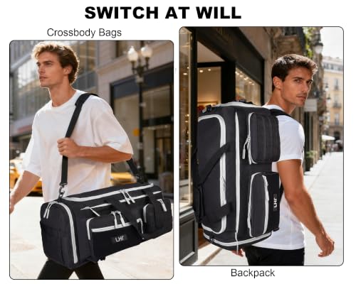 LHI 50L Tactical Duffle Bag for Men, 3-in-1 Gym Duffle and Backpack, Shoe Compartment, Laptop Sleeve and MOLLE, Carry-On Travel Weekender and Overnight Bag – Black with White zippers - color: Black white