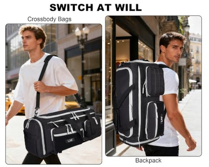 LHI 50L Tactical Duffle Bag for Men, 3-in-1 Gym Duffle and Backpack, Shoe Compartment, Laptop Sleeve and MOLLE, Carry-On Travel Weekender and Overnight Bag – Black with White zippers - color: Black white