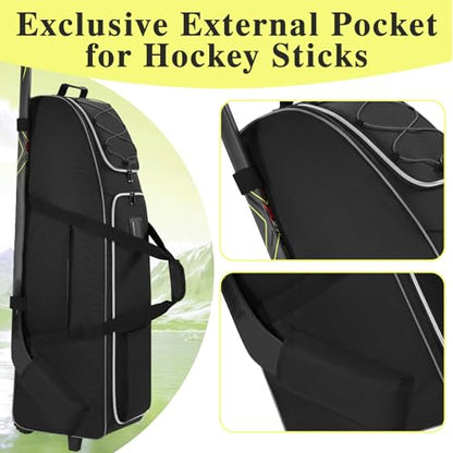 41-Inch Hockey Bag with Wheels, Large Ice Hockey Duffel Travel Bag for Equipment & Gear, 2 Sticks Field Hockey Bag with Separate Shoe Compartment (Black)