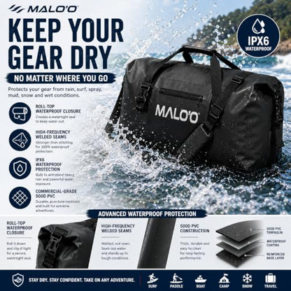 Malo’o Waterproof Dry Duffel, Heavy-Duty Roll Top Waterproof Gear Bag with Shoulder Strap & Molle Loops, Marine Duffel for Kayaking, Boating, Camping, Beach & Travel, Black, 100L - color: Black, size: 100L